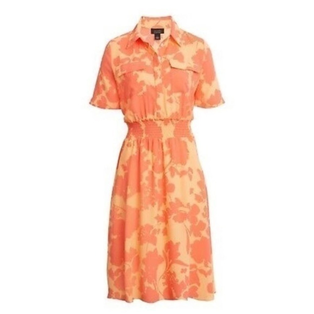 Halogen‎ x Atlantic Pacific Cathy Coral Orange Floral Print Smocked Shirt Dress
